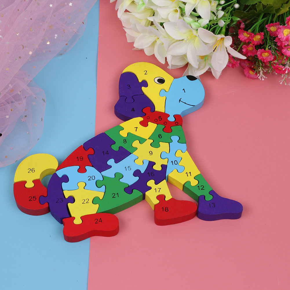 Jokincy 26 English Letter Number Sitting Dog Puzzle Building Block Wooden Toy 3d Stereoscopic Puzzle Specification image
