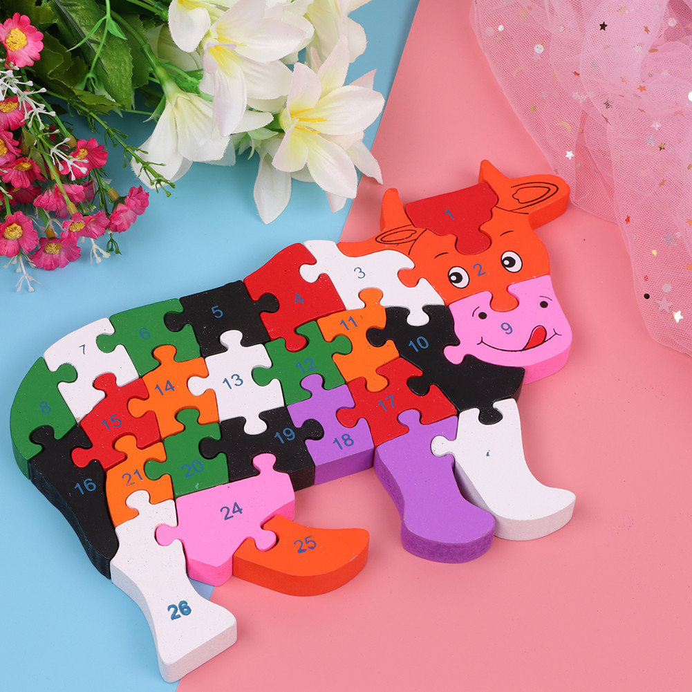 Jokincy English Letter and Number Wooden Colorful Cow Puzzle board Children's educational toy assembly details Picture