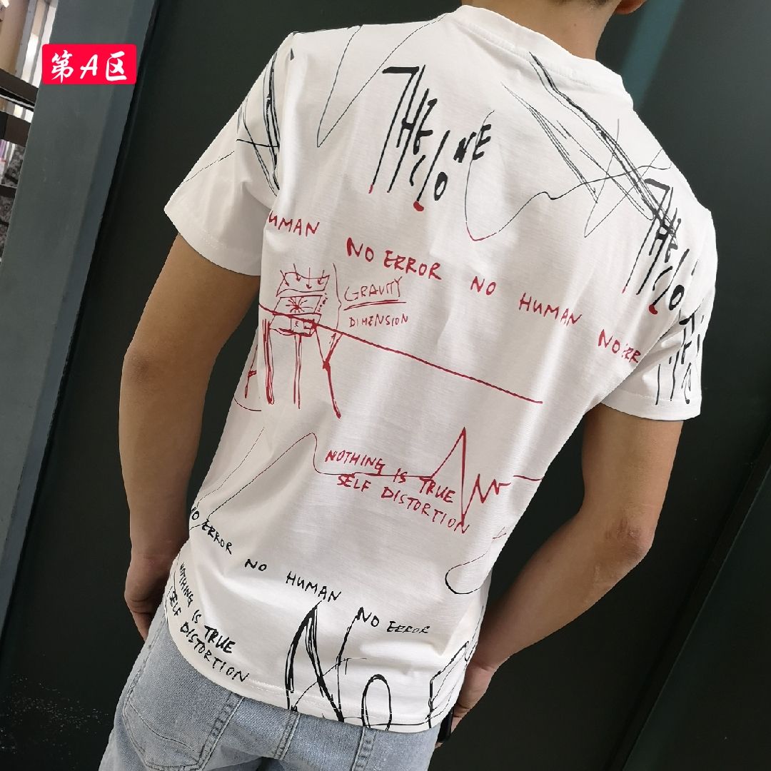 Men's short-sleeved, fashionable and trendy all-cotton silk glossy half-sleeved men's T-shirt details Picture