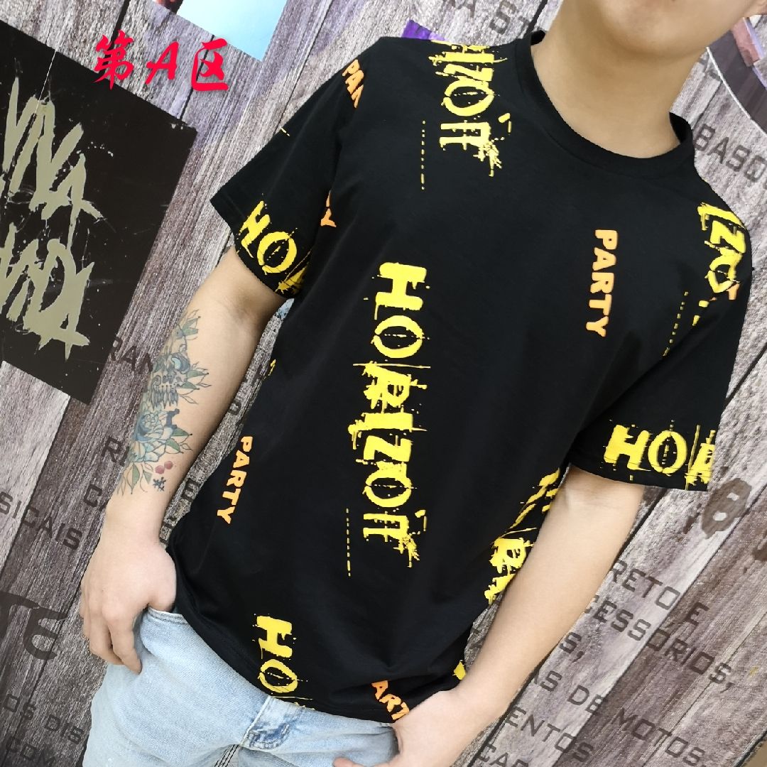 Men's fashion trend letter-printed slimming slightly wide all-cotton short-sleeved and half-sleeved T-shirt details Picture