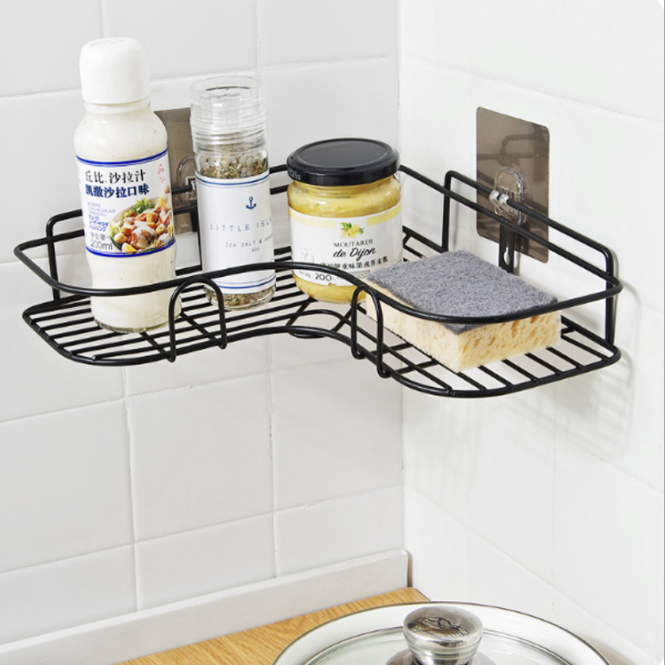 Non-drilling corner storage rack, kitchen seamless wall-mounted iron tripod, storage rack, washbasin and washbasin rack Application Scenario
