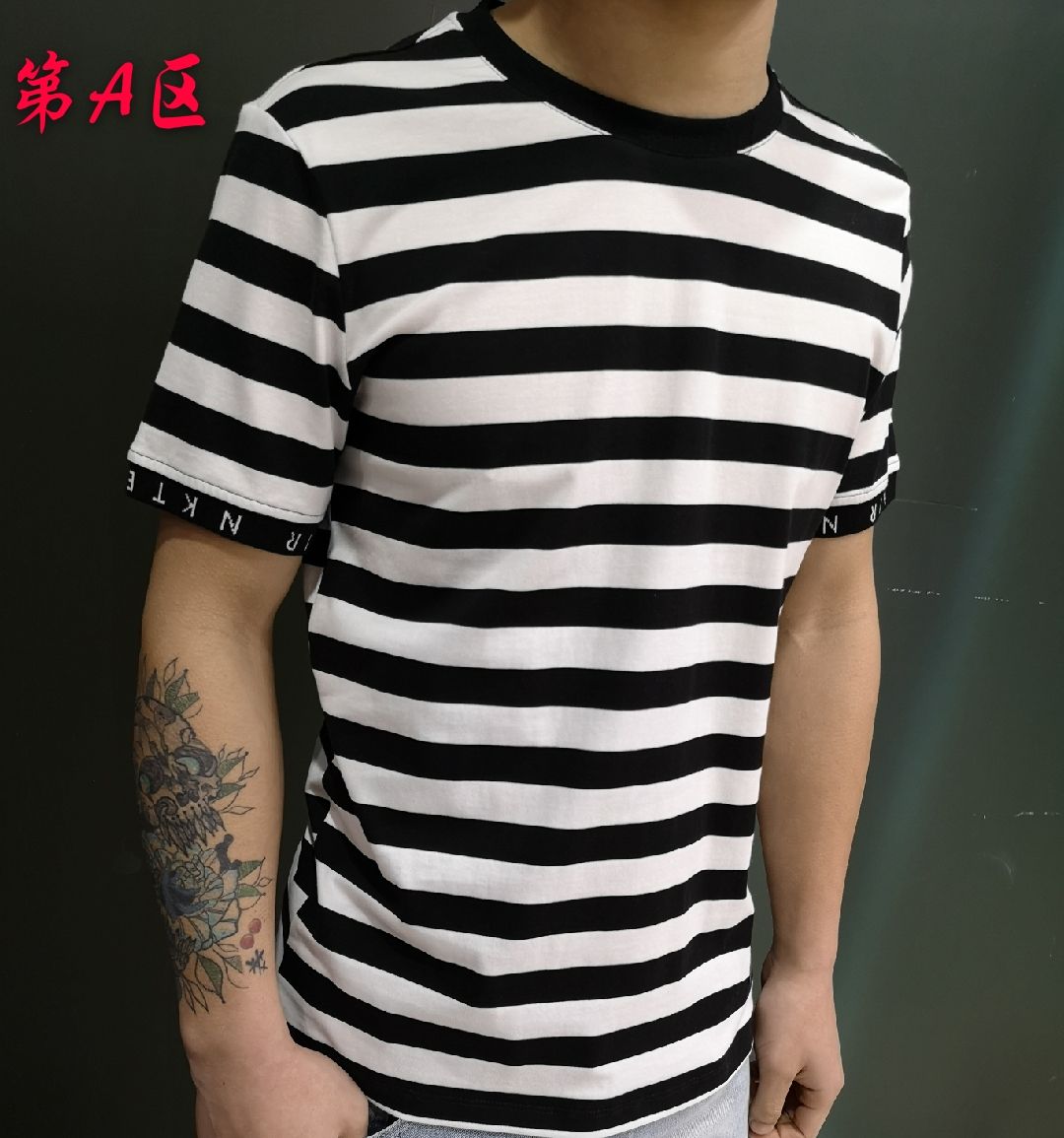 Men's all-cotton high-quality striped fashionable and trendy round-neck short-sleeved and half-sleeved best-selling T-shirt details Picture