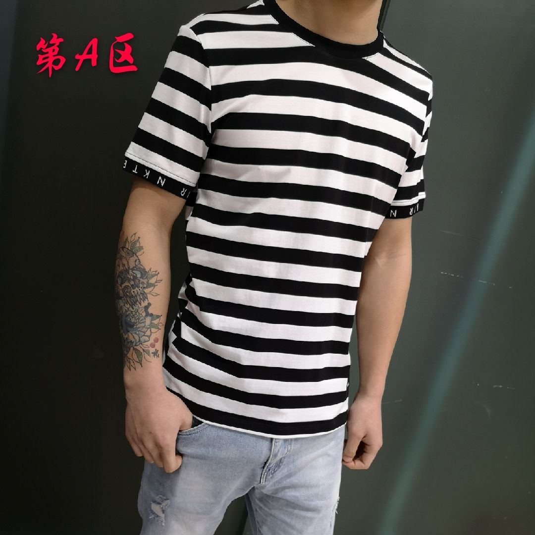 Men's all-cotton high-quality striped fashionable and trendy round-neck short-sleeved and half-sleeved best-selling T-shirt