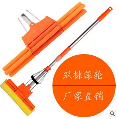 不绣钢胶棉水拖把不可伸缩滚轮挤水胶棉拖把38CM胶棉拖把厂家批发