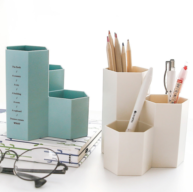 Simple and plain hexagonal prism combination pen holder office stationery classification box, cute for girls cosmetics storage box Application Scenario