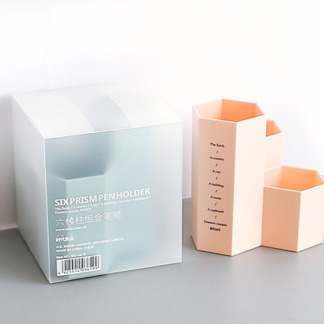 Simple and plain hexagonal prism combination pen holder office stationery classification box, cute for girls cosmetics storage box Specification image