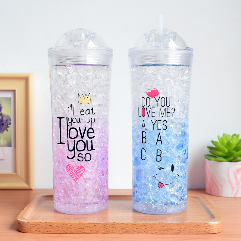 夏日冰杯AS双层塑料制冷冰杯推盖字母碎冰杯