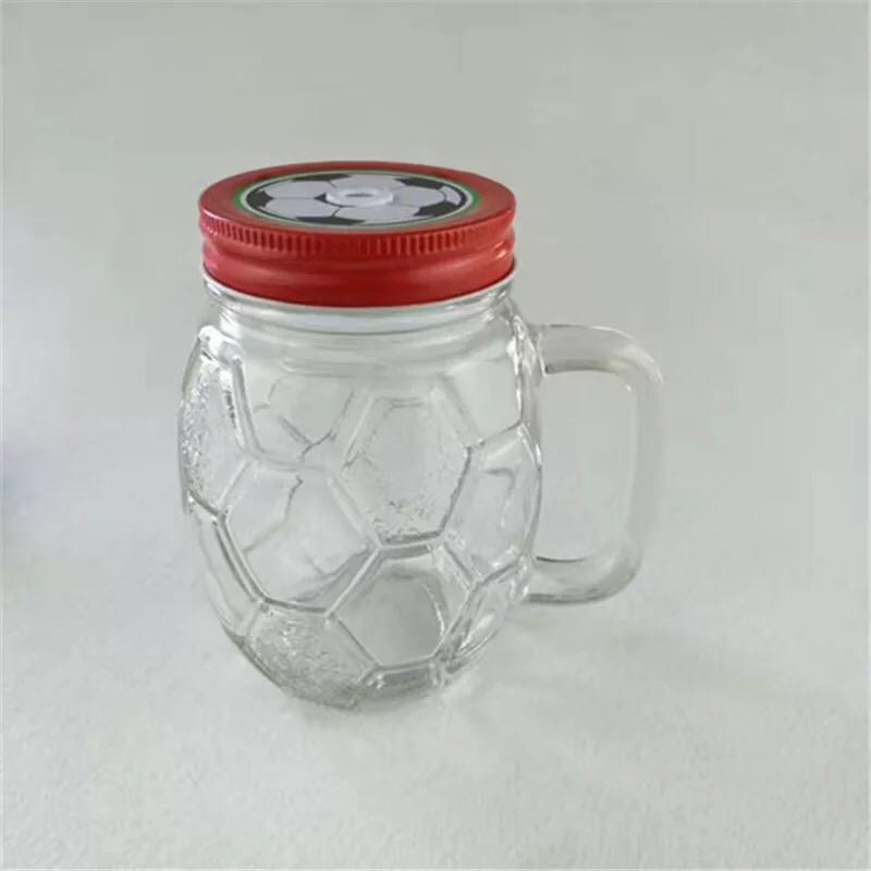 创意玻璃杯把手足球玻杯吸管饮料杯带盖牛奶把杯产品图
