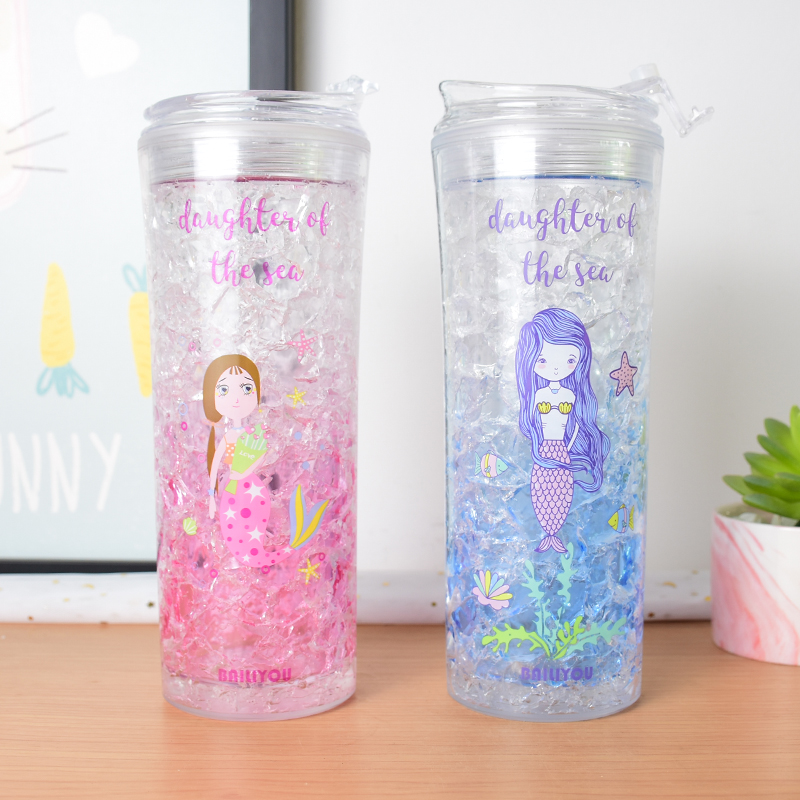 夏日冰杯AS双层塑料制冷冰杯翻盖美人鱼碎冰杯