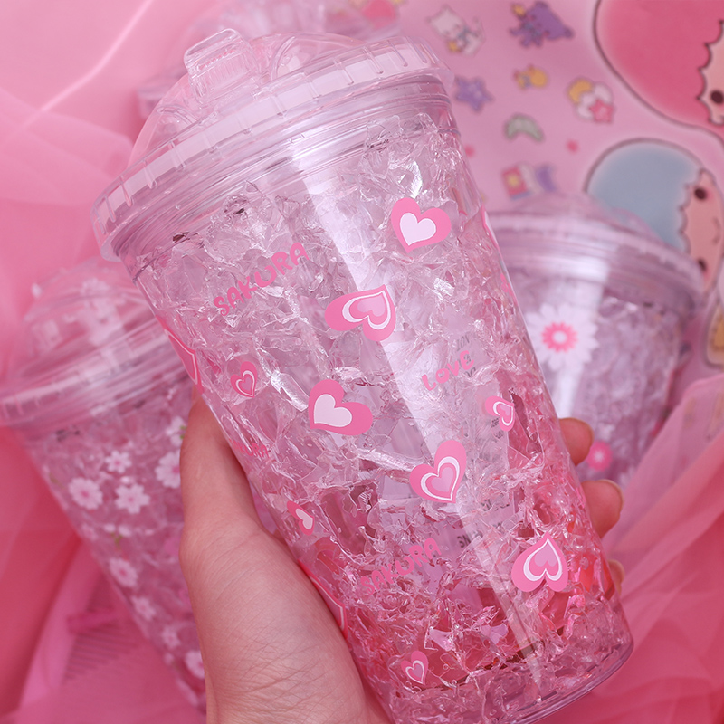 夏日制冷冰杯AS双层塑料碎冰杯樱花推盖冰杯带吸嘴