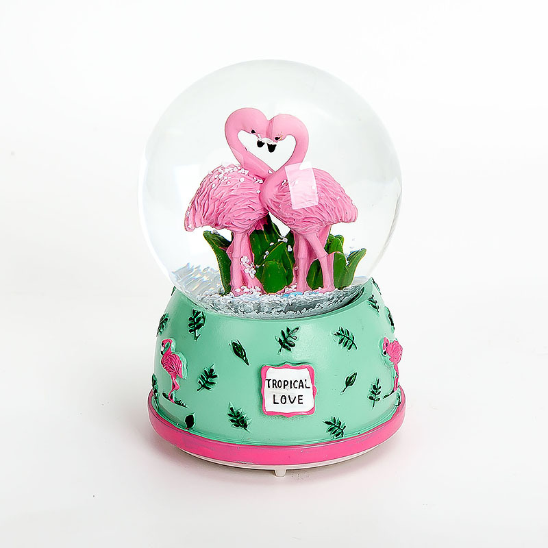 80mm Flamingo resin gift crystal ball with light music box pink holiday gifts snowflake ball details Picture