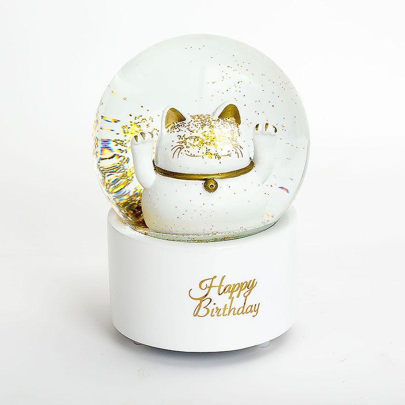 简约风生日主题礼物带音乐水晶球生日快乐猫100mm雪花球