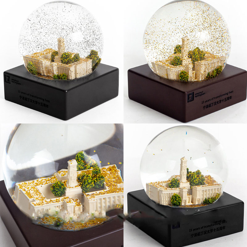 方形底座学校纪念品建筑礼品3D模型水晶球100mm树脂雪花球