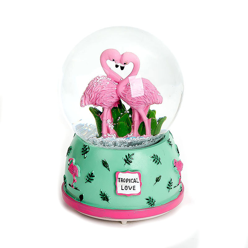 80mm Flamingo resin gift crystal ball with light music box pink holiday gifts snowflake ball Specification drawing
