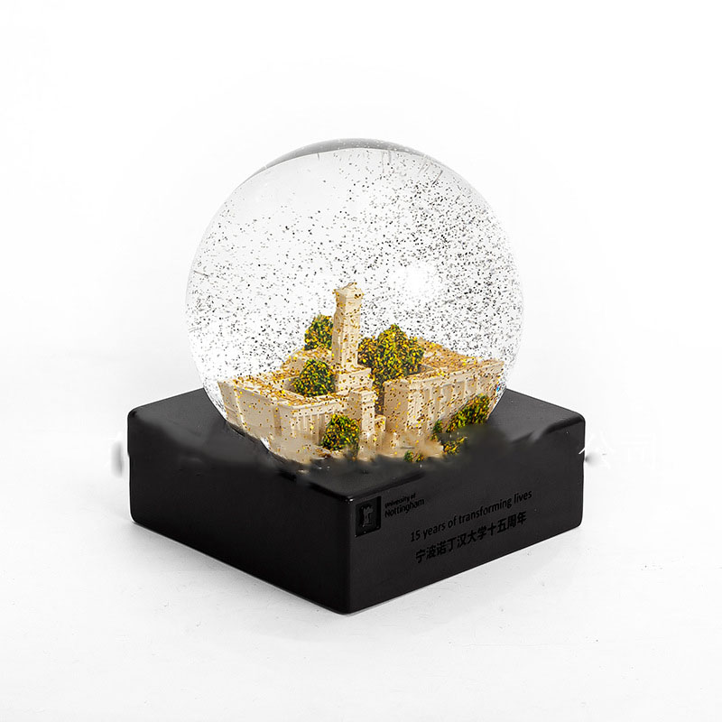 方形底座学校纪念品建筑礼品3D模型水晶球100mm树脂雪花球细节图