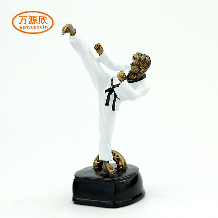 Resin handicraft ornaments, Taekwondo award trophies, horizontal inscription kicking leg-shaped souvenirs, plastic crystal trophies details Picture