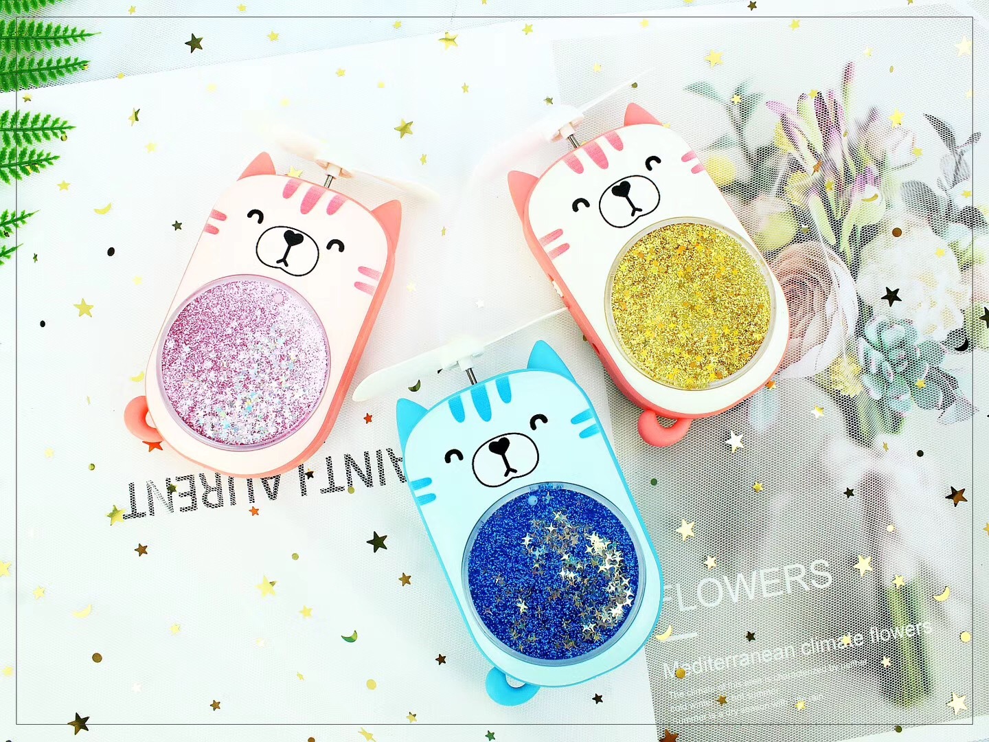 厂家直销创意造型小猫流沙USB充电迷你风扇手持电风扇便携简约型