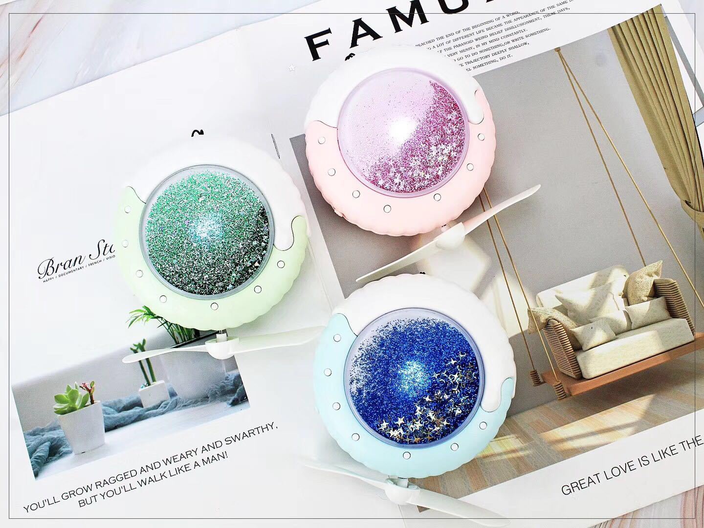 创意萌猫甜甜圈夜灯流沙充电风扇造型迷你风扇USB便携带手持风扇细节图