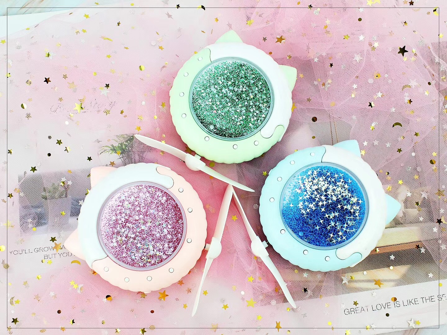 创意萌猫甜甜圈夜灯流沙充电风扇造型迷你风扇USB便携带手持风扇产品图