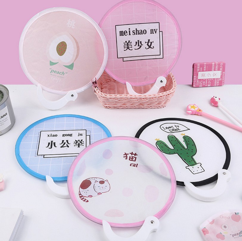 手柄布艺团扇记忆钢丝扇子布艺折叠扇卡通折叠扇工艺扇
