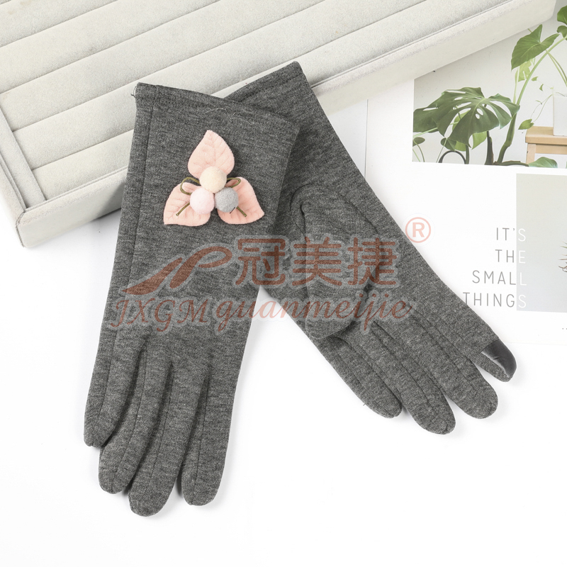 韩版时尚女士花球保暖手套 秋冬季加厚加绒不倒绒棉布手套批发产品图