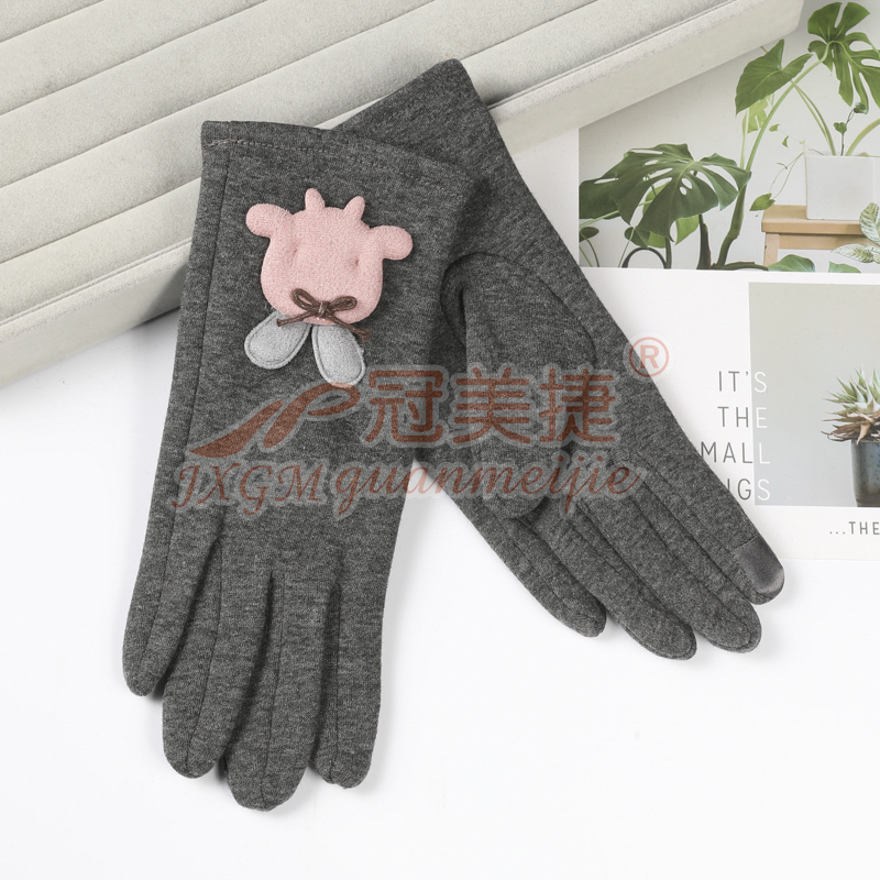 韩版时尚女士牛头保暖手套 秋冬季加厚加绒不倒绒棉布手套批发产品图