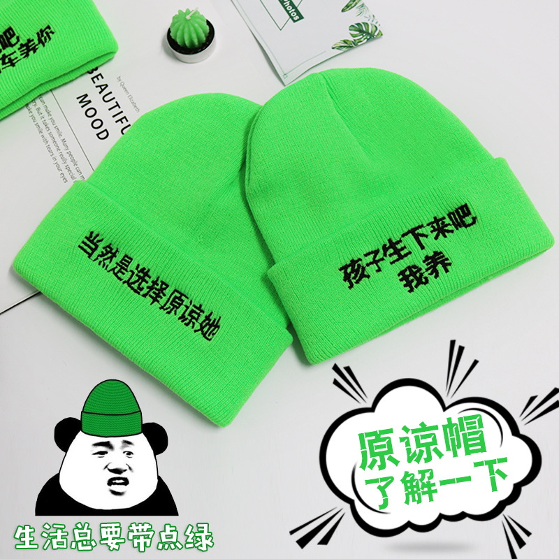 Personality forgive green knitted hats men's and women's fashion prank pullover hats full figure