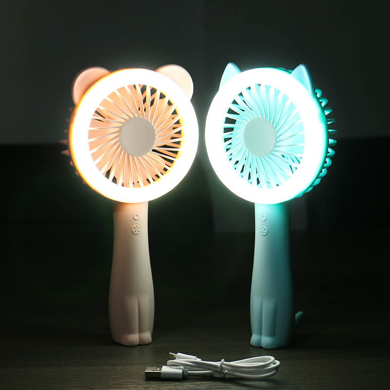 创意学生便携静音迷你充电风扇卡通猫咪小熊手持带LED灯风扇