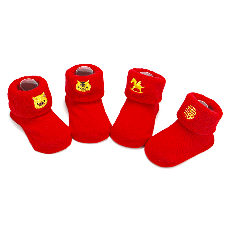 满月大红喜庆儿童袜纯棉刺绣宝宝袜0-9个月卡通地板婴儿袜子批发