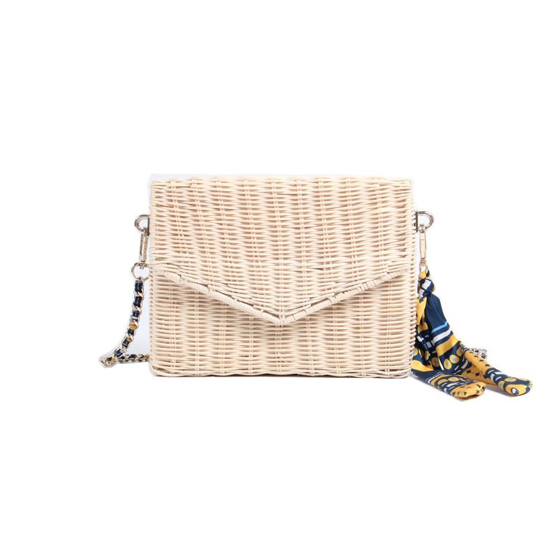 斜挎藤编包小方盒手工草编包沙滩包丝巾链条女包旅游度假单肩女包
