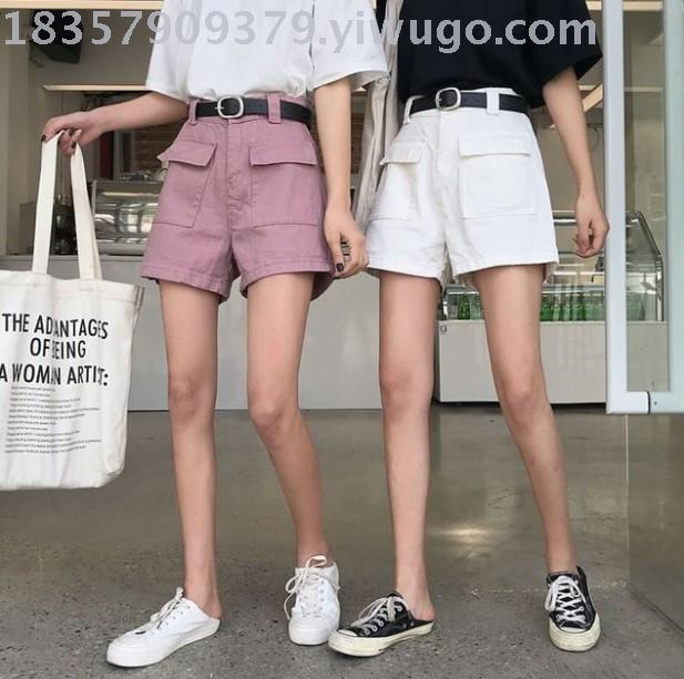 Real shot denim shorts women fashion outside wearing network red 2019 spring and summer new high-waisted wide legs loose a word hot pants Specification drawing