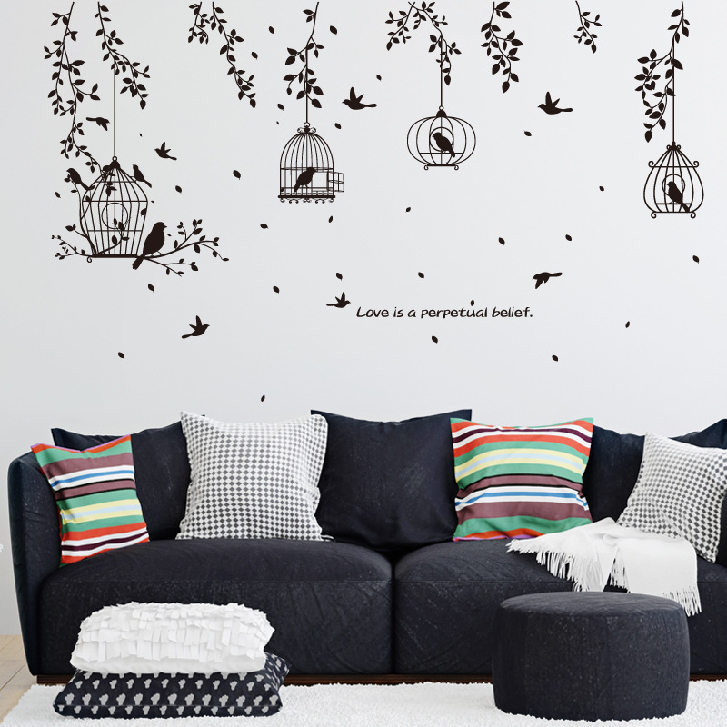 创意客厅卧室装饰简约黑鸟笼墙贴时尚黑树枝餐厅沙发墙纸