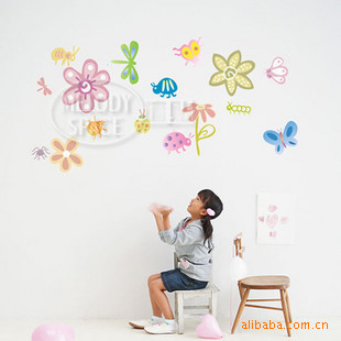 三代昆虫卡通儿童房背景墙贴-不损害墙面-多次重复使用
