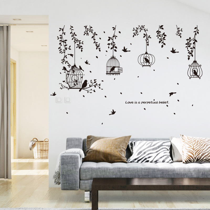 Creative living room bedroom decoration simple black bird cage wall pasted fashion black branches dining room sofa wallpaper details Picture