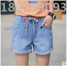 Denim shorts ripped elastic waist strap Casual comfort slim pant leg cuffed an-hf