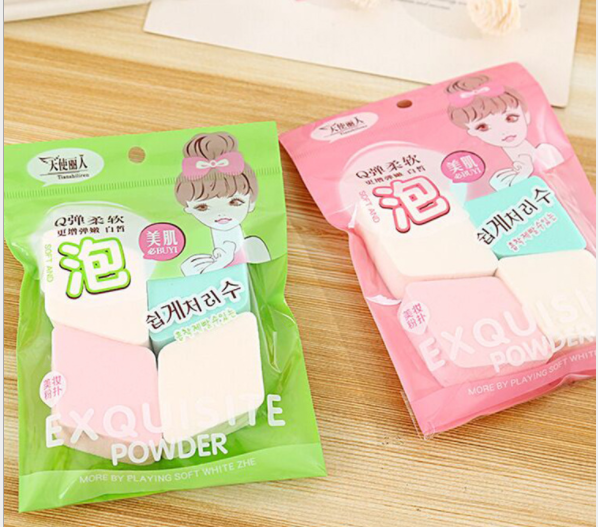 Angel Beauty Dry and Wet dual-purpose Powder Puff, 4 sponge cleansing puffs, Four-color simple Beauty, square diamond-shaped powder puff