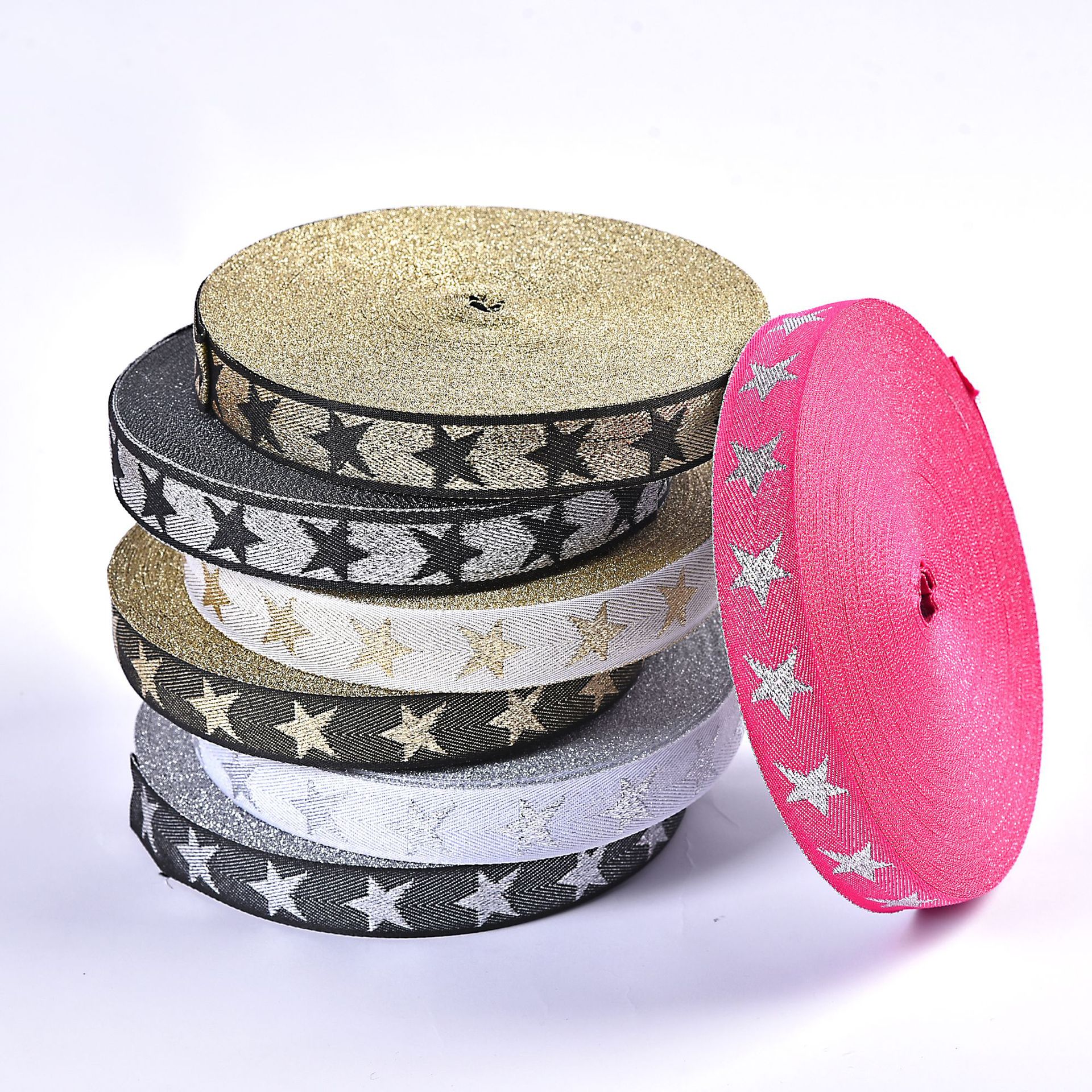 Manufacturers wholesale 2.5cm gold thread silver thread five-pointed star webbing clothing, shoes, hats and bags webbing binding ribbon ribbon thumbnail