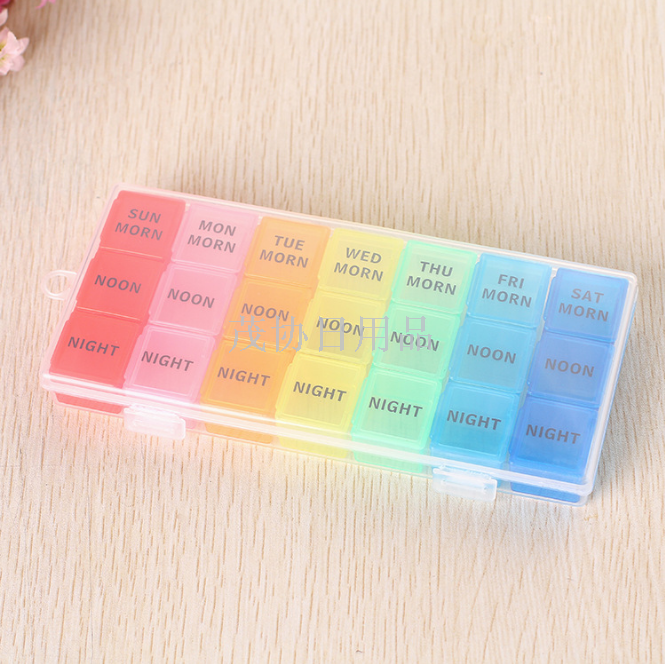 Portable pill box out storage Sealed box Transparent shell color single 3 cells a week 21 cells
