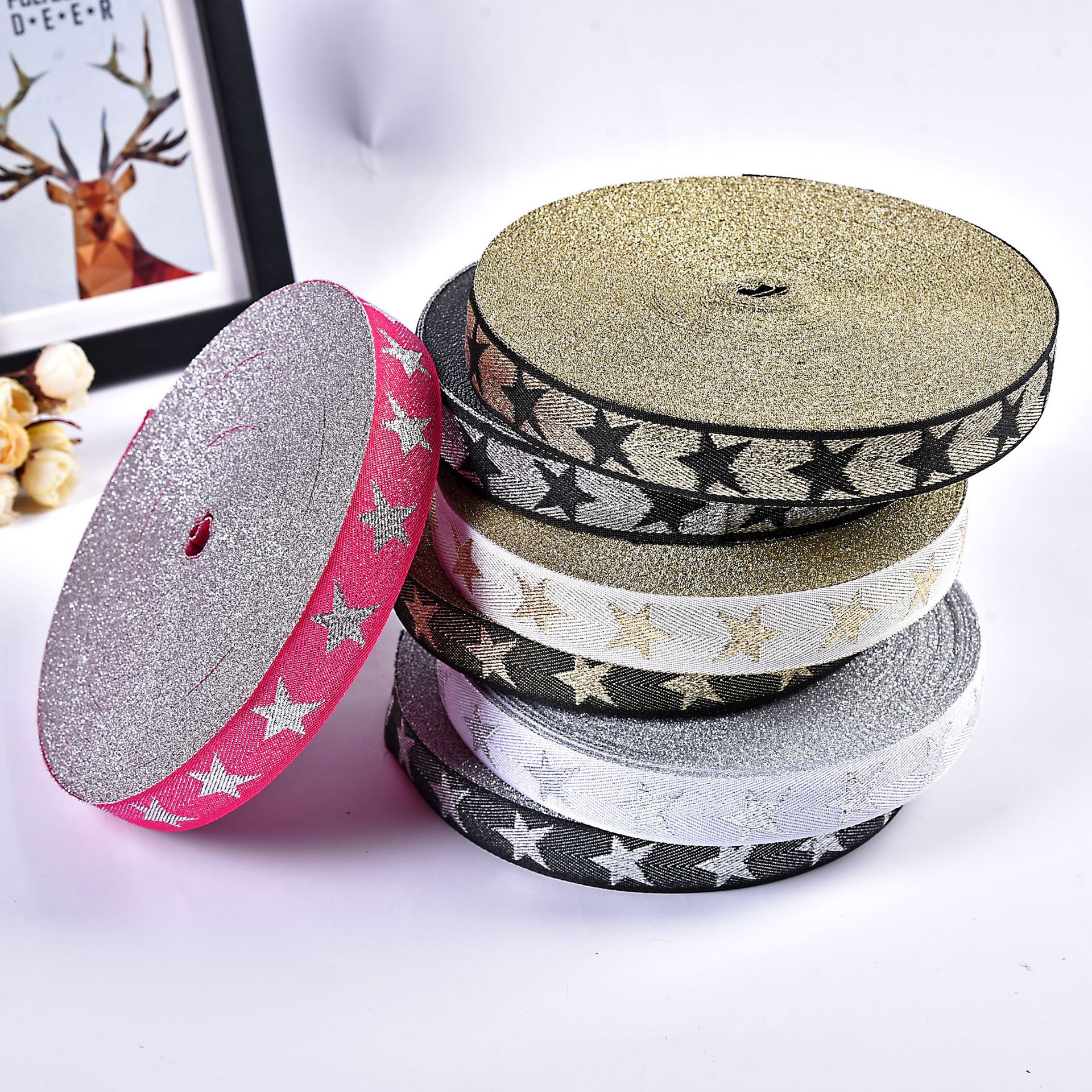 Factory wholesale 2.5cm gold and silver thread five-pointed star webbing for clothing, shoes, hats, bags, webbing, binding straps and colorful ribbons details Picture