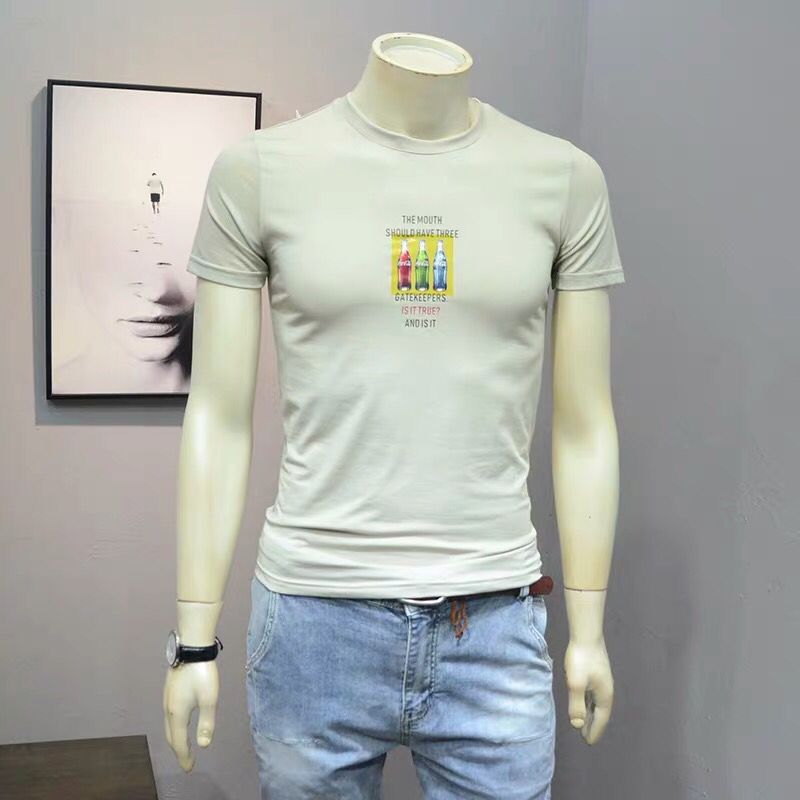 韩版潮流时尚修身印花男士圆领短袖T恤夏季新款个性休闲百搭体恤图