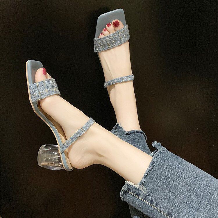 粗跟水晶跟拖鞋
