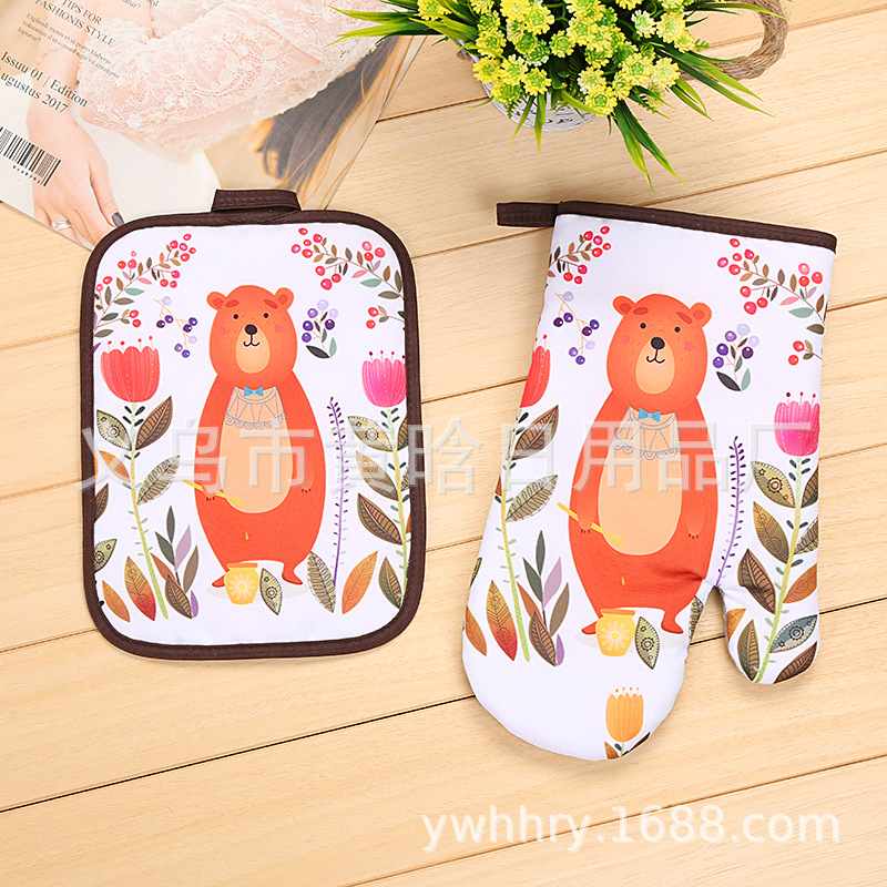 【LOVELY HOME】【持嘉】数码印 全棉加大加长微波炉手套两件套 防滑耐高温堡垫烤箱手套