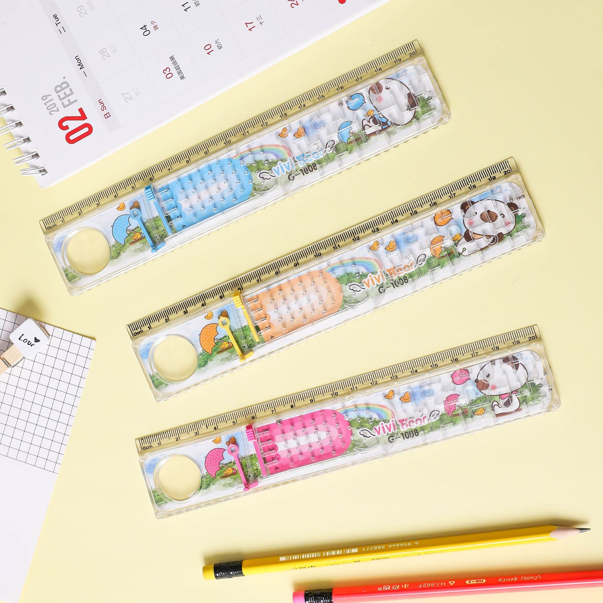 好彩厂家直销20cm好彩熊弹跳迷宫塑料尺创意多功能放大镜学生尺