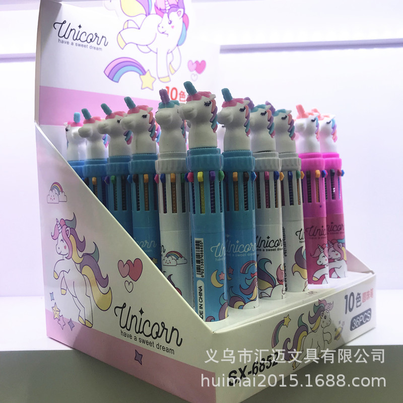 独角兽 卡通圆珠笔 独角兽硅胶头 10色卡通圆珠笔 韩版多色圆产品图