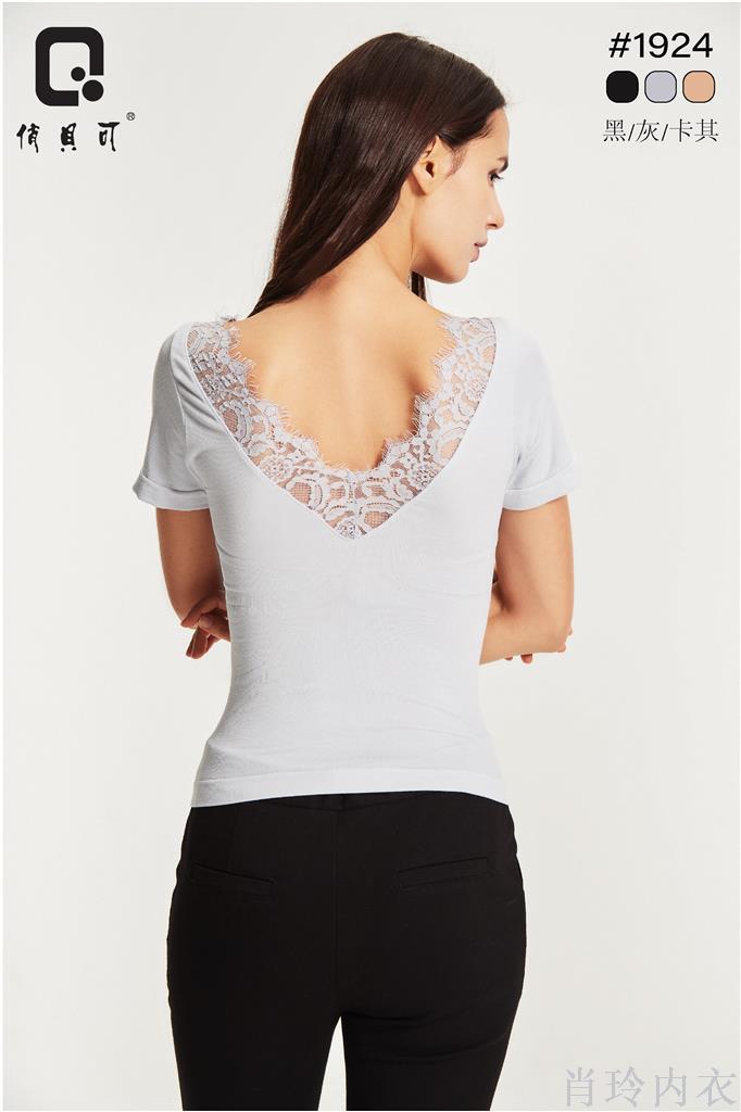 Summer New Women's T-Shirt Crew-Neck Back Lace Korean Version Slim-Fit Short-Sleeved Women's Base Shirt Bare Ammonia Seamless Specification drawing