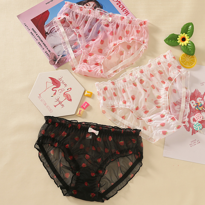 日系甜美性感学生少女三角裤 草莓印花超薄透明舒适蕾丝女式内裤