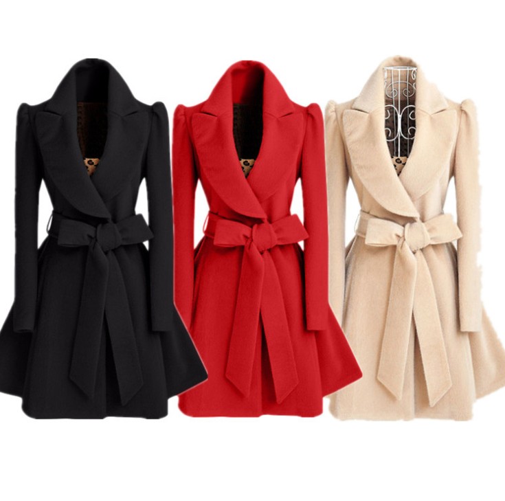 Woolen coat Europe Station belted slim-fit woolen coat full figure