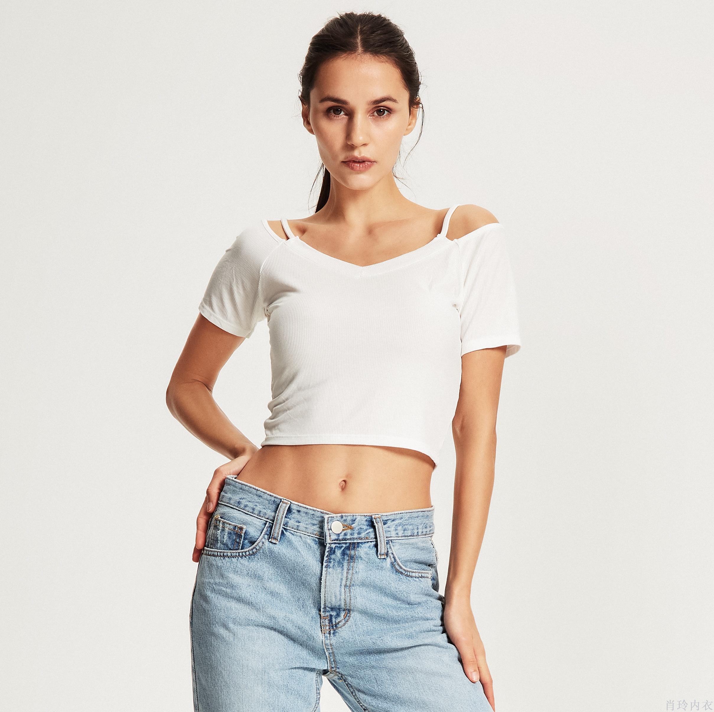 New Sexy Crop Ribbed Cotton Short Sleeved Short Sleeved Slim Stretch Close-Fitting Off-The-Shoulder Fitness Yoga Movement Specification drawing