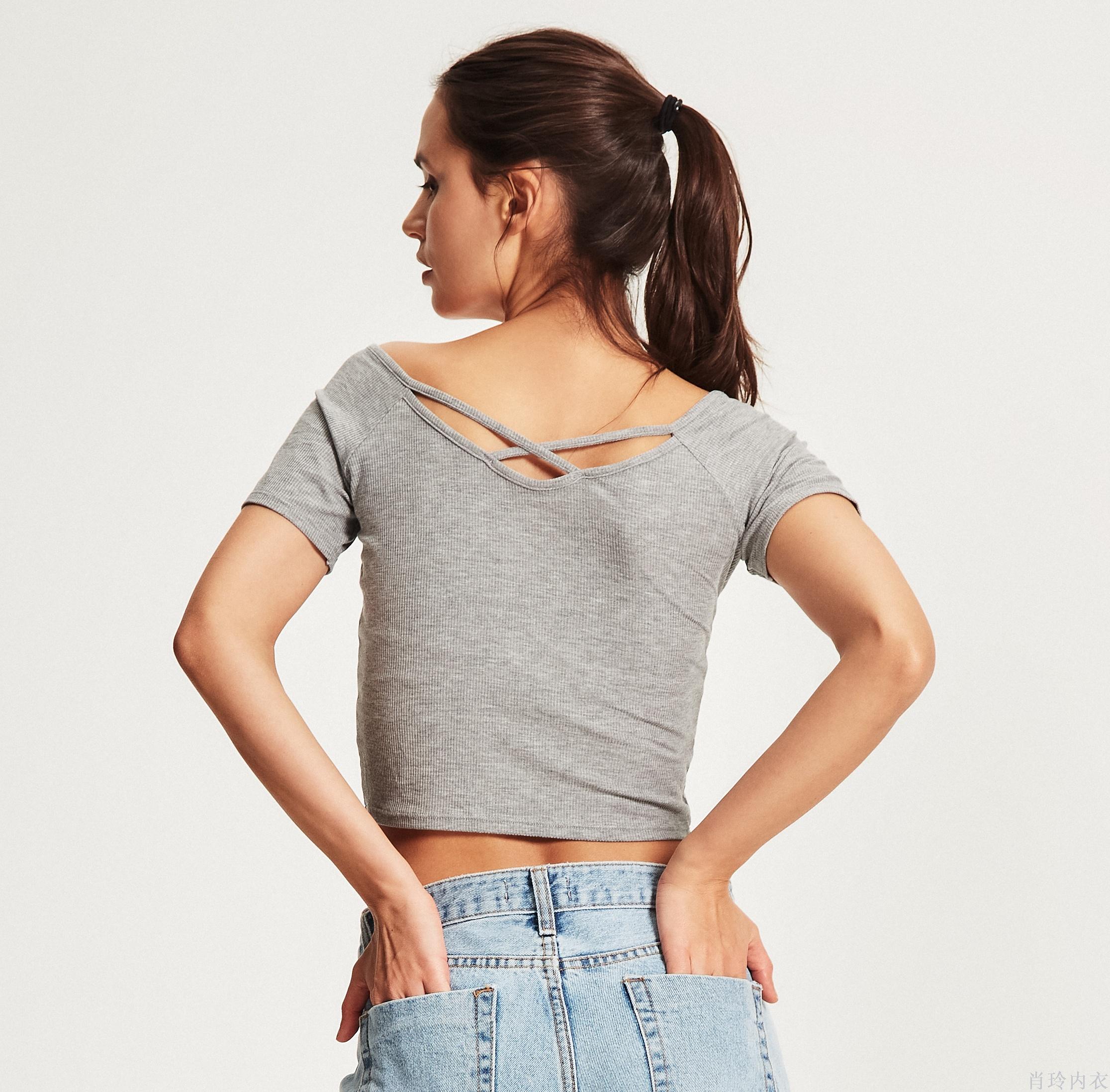 New Promotion Summer Thin T-Shirt V-Neck Sexy Short-Sleeved Backless Cross Back Top Women's Short Fashion Fitness Wear details Picture