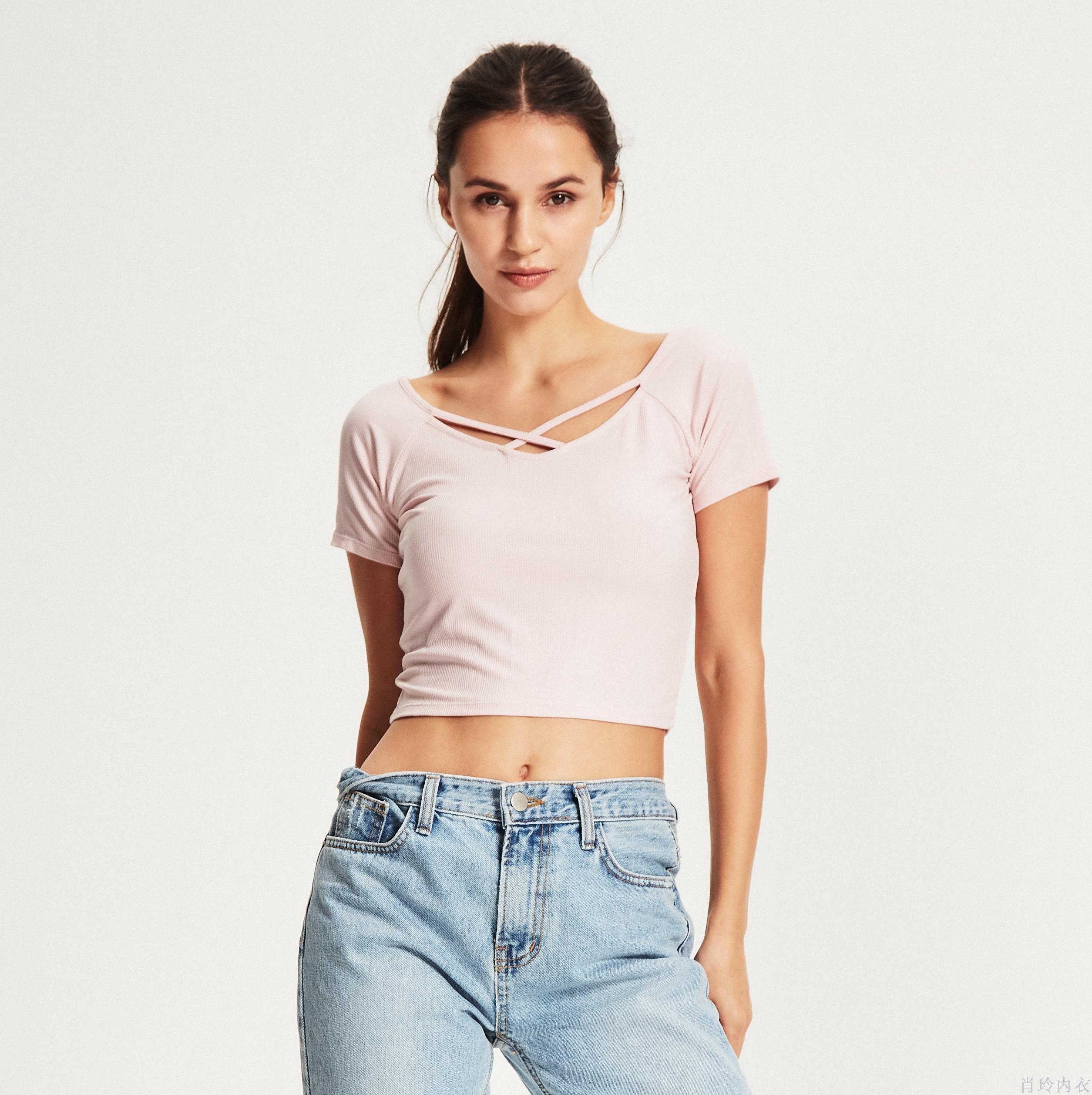 New Promotion Summer Thin T-Shirt V-Neck Sexy Short-Sleeved Backless Cross Back Top Women's Short Fashion Fitness Wear